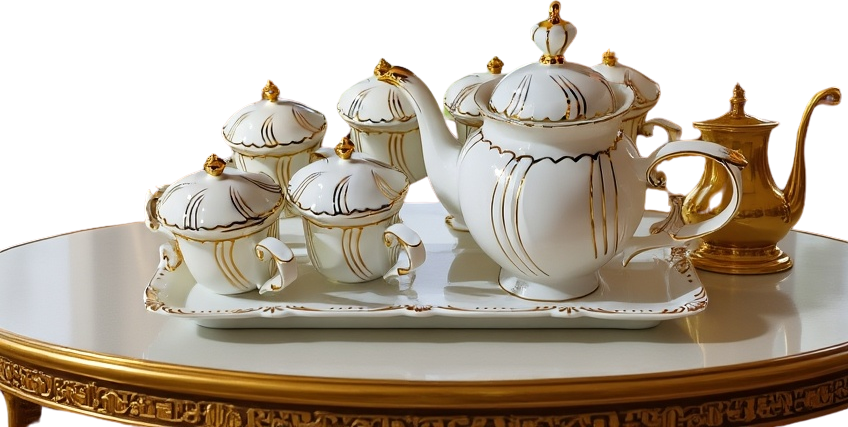 Théïère avec ses mugs à couvercles et leur plateau en Ceramic